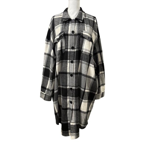 Womens Black & White Plaid Button-Up Shacket W/ Long Sleeves & Pockets Size 20W - Picture 1 of 12